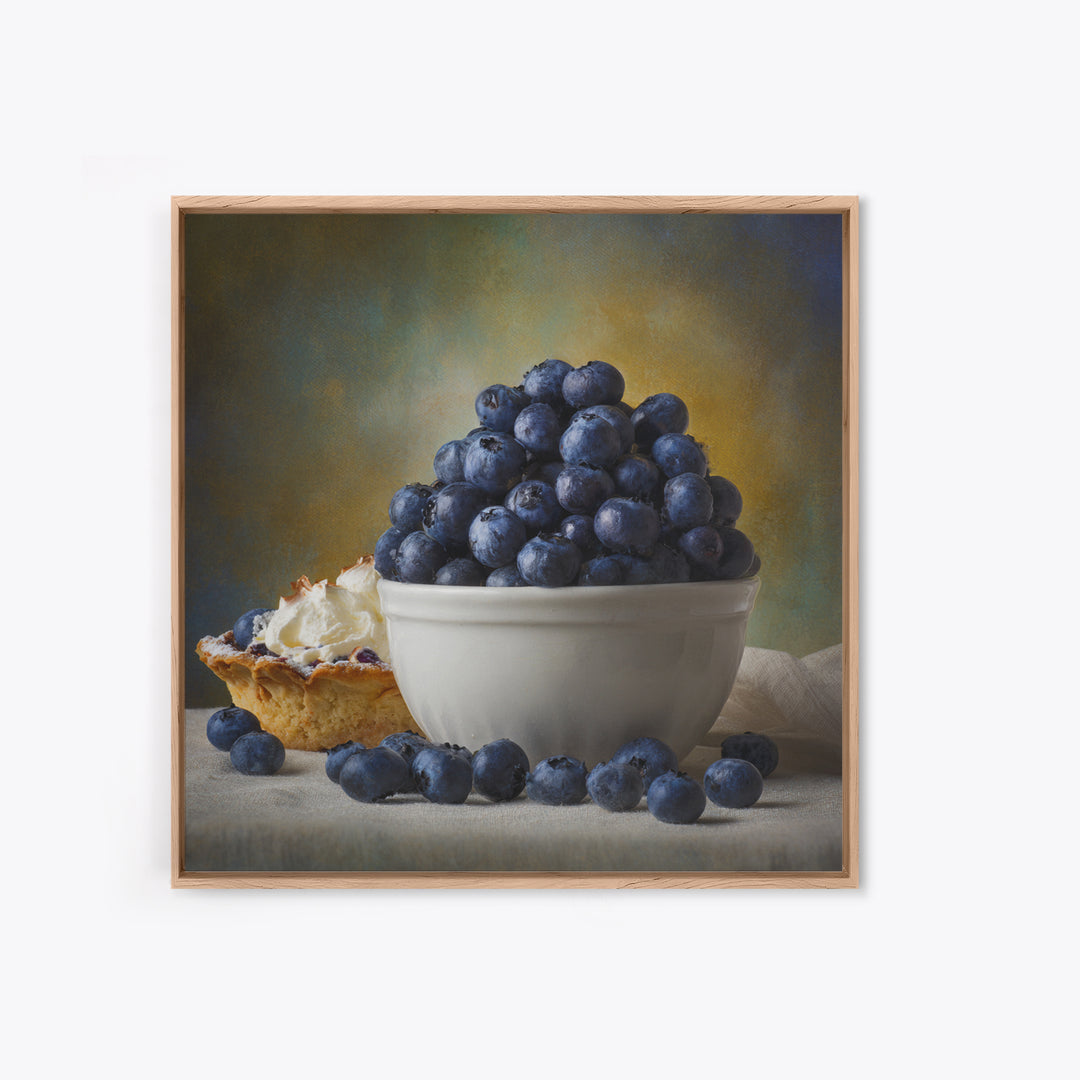 Blueberries in a White Bowl Framed Canvas Print, Kitchen Art, Modern Art, Kitchen Decor, Oil Painting, Kitchen, Neutral Decor, KIT-1x1-43