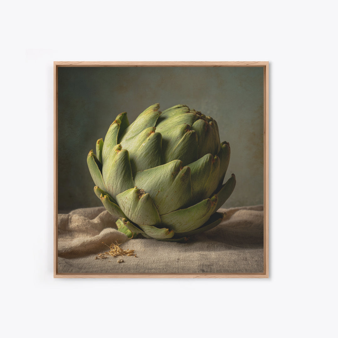 Artichoke Closeup in Painterly Green Tones Framed Canvas Print, Kitchen Art, Art Deco, Kitchen Decor, Fine Art, Kitchen, KIT-1x1-44