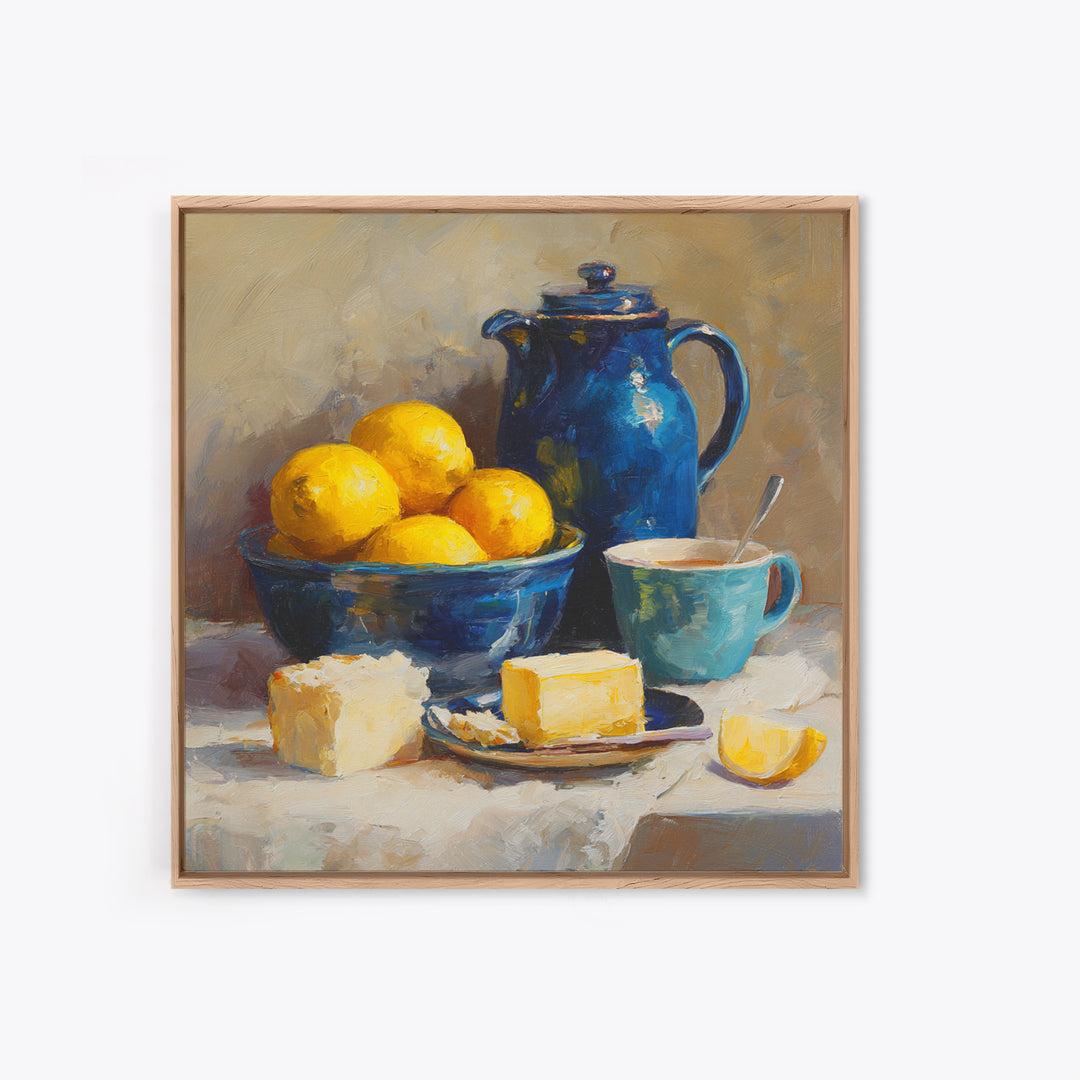 Lemons and Blue Ceramic Bowl Still Life Canvas Print, Kitchen Art, Trendy Wall Art, Kitchen Decor, Fine Art, Kitchen, KIT-1x1-50