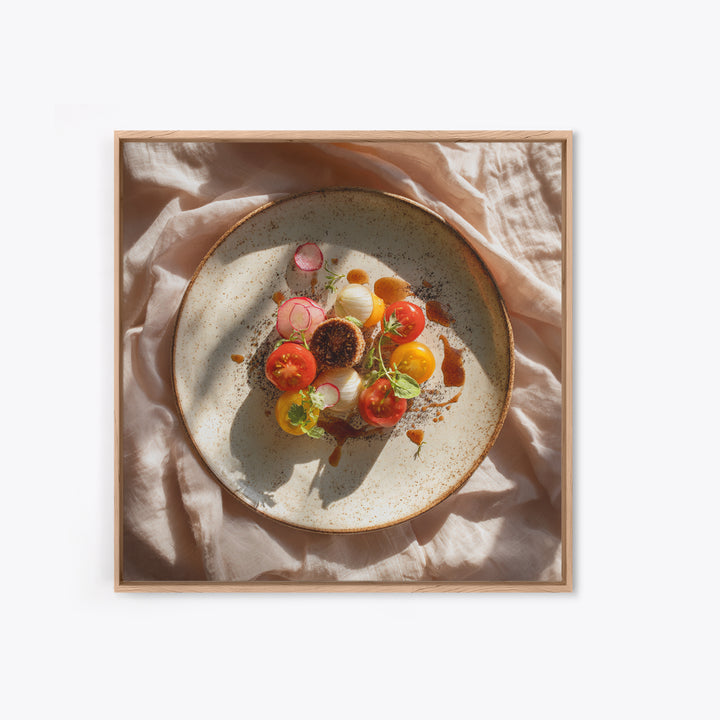 Tomatoes Garlic and Basil on Linen Framed Canvas Print, Kitchen Art, Coffee Wall Art, Kitchen Decor, Abstract Art, Kitchen, KIT-1x1-51