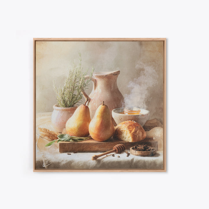 Farmhouse Pears on a Wooden Board Framed Canvas Print, Kitchen Art, Statement Artwork, Kitchen Decor, Abstract Art, Kitchen, KIT-1x1-57