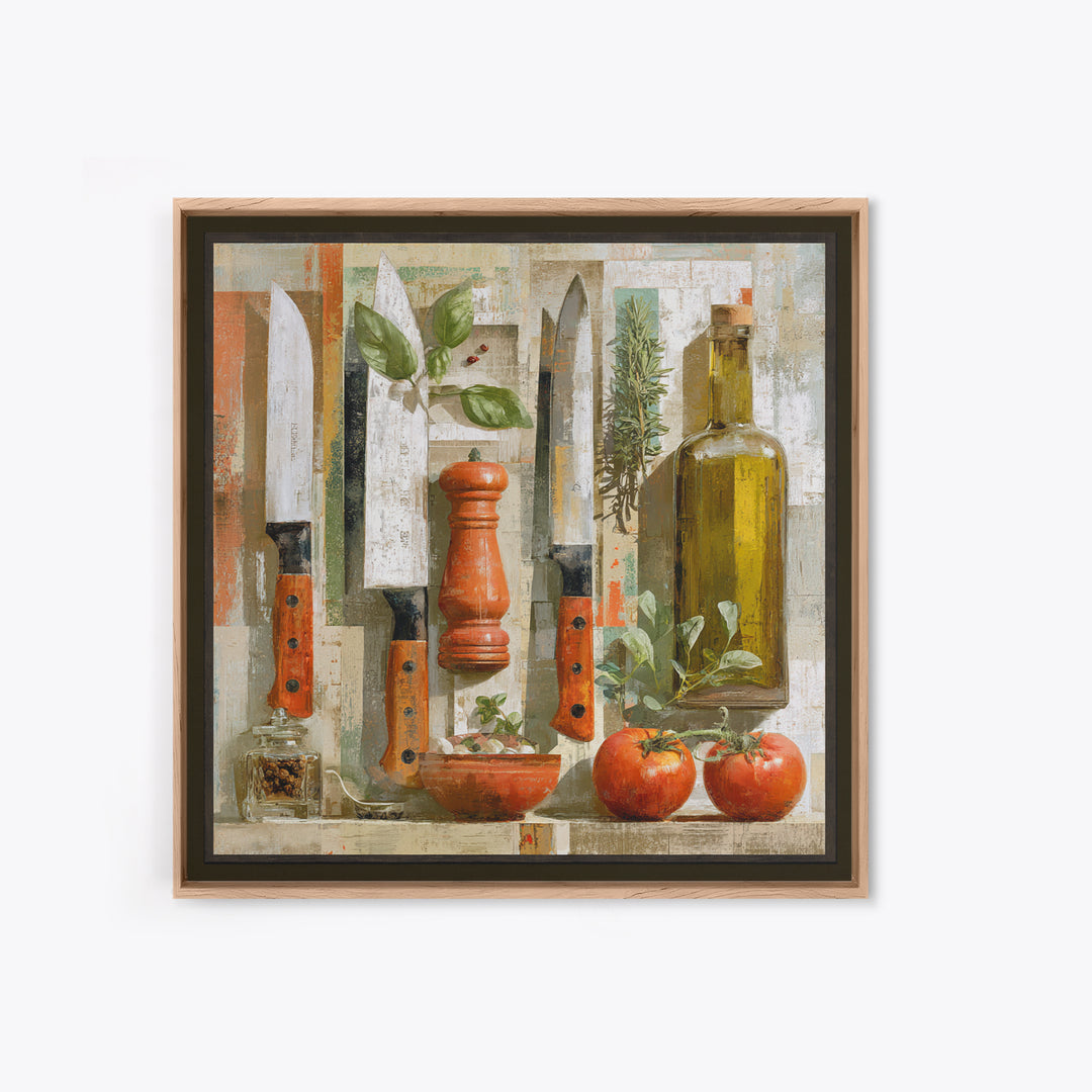 Chef Knives and Herbs Arranged as Graphic Framed Canvas Print, Kitchen Art, Kitchen Print, Kitchen Decor, Watercolor Art, KIT-1x1-58