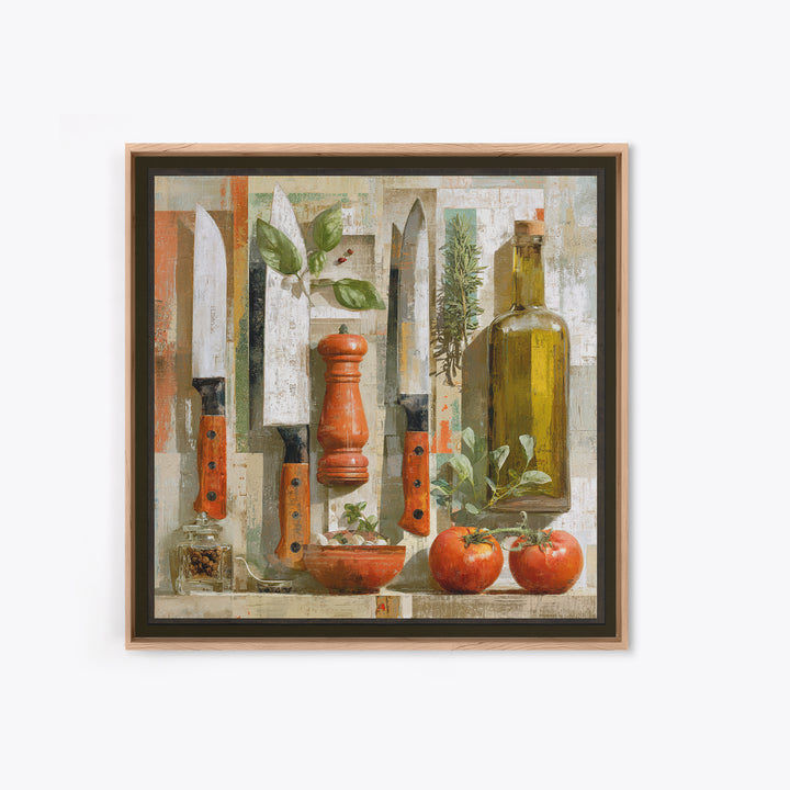 Chef Knives and Herbs Arranged as Graphic Framed Canvas Print, Kitchen Art, Kitchen Print, Kitchen Decor, Watercolor Art, KIT-1x1-58