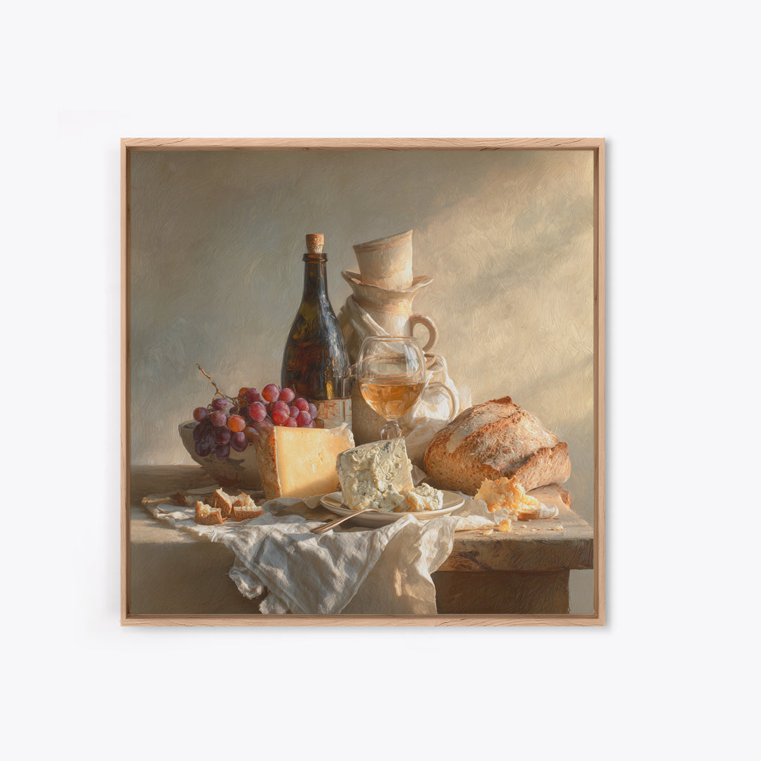 Wine Bottle Grapes and Cheese Still Life Canvas Print, Kitchen Art, Minimalist Wall Art, Kitchen Decor, Fine Art, Kitchen, KIT-1x1-60