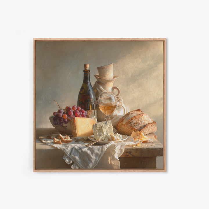 Wine Bottle Grapes and Cheese Still Life Canvas Print, Kitchen Art, Minimalist Wall Art, Kitchen Decor, Fine Art, Kitchen, KIT-1x1-60