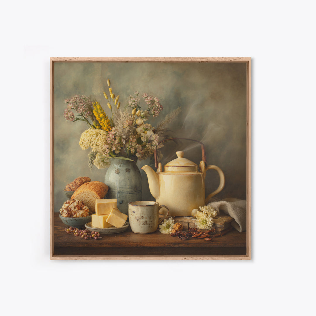 Tea Kettle with Steam and Wildflowers Framed Canvas Print, Kitchen Art, Coffee Wall Art, Kitchen Decor, Fine Art, Kitchen, KIT-1x1-62