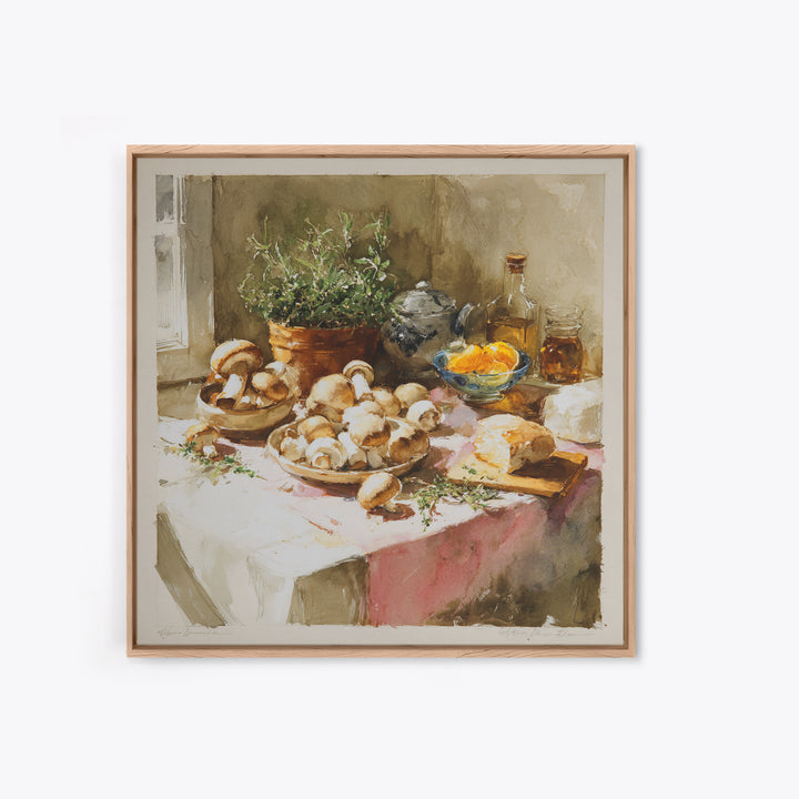 Mushrooms and Thyme Botanical Study Framed Canvas Print, Kitchen Art, Bar Cart Decor, Kitchen Decor, Oil Painting, Kitchen, KIT-1x1-63