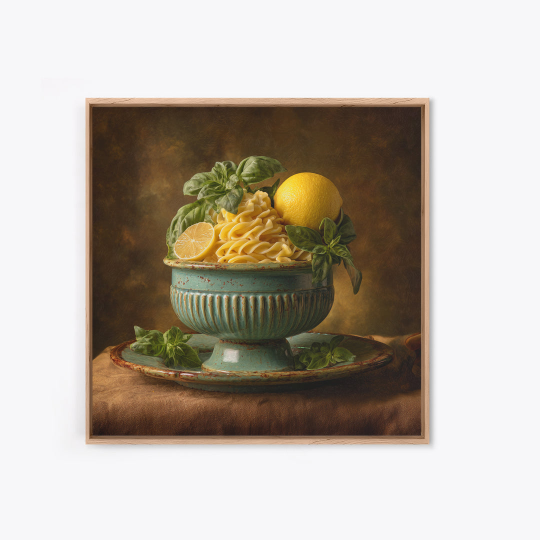 Pasta Lemons and Basil Mediterranean Still Life Framed Canvas Print, Kitchen Art, Gallery Decor, Kitchen Decor, Kitchen, KIT-1x1-65