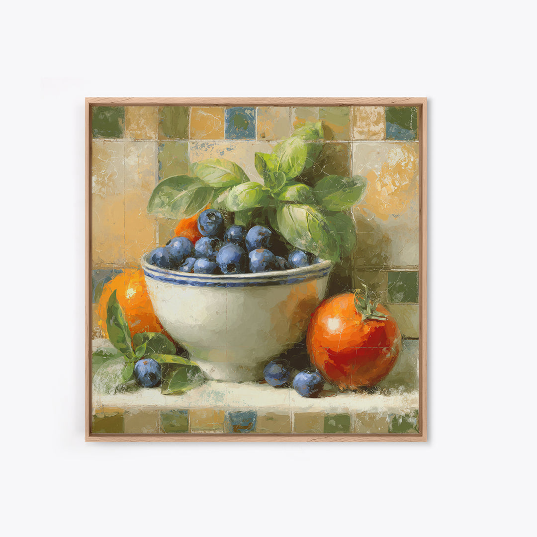 Blueberries in a White Bowl Framed Canvas Print, Kitchen Art, Gallery Decor, Kitchen Decor, Fine Art, Kitchen, Contemporary Art, KIT-1x1-67