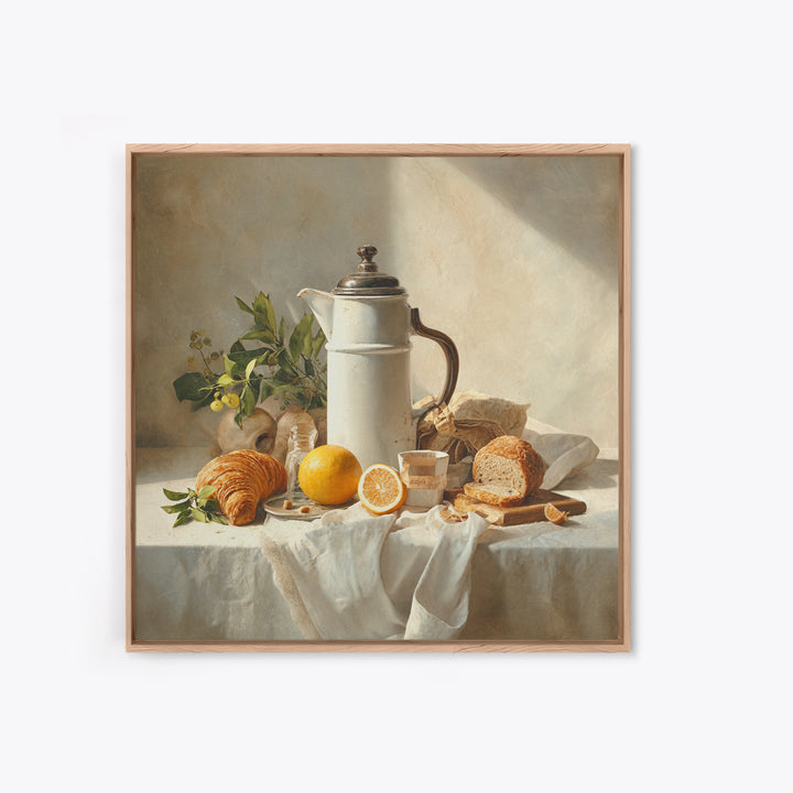 Coffee Pot and Croissant Morning Still Life Framed Canvas Print, Kitchen Art, Art Deco, Kitchen Decor, Fine Art, Kitchen, KIT-1x1-7