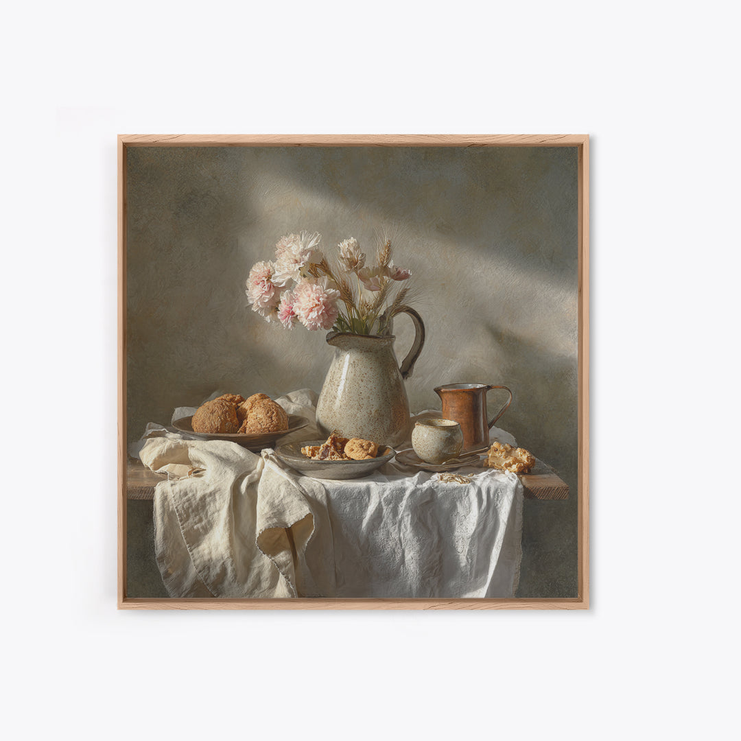 Floral Bouquet in a Kitchen Pitcher Framed Canvas Print, Kitchen Art, Dining Room Wall Art, Kitchen Decor, Fine Art, Kitchen, KIT-1x1-72