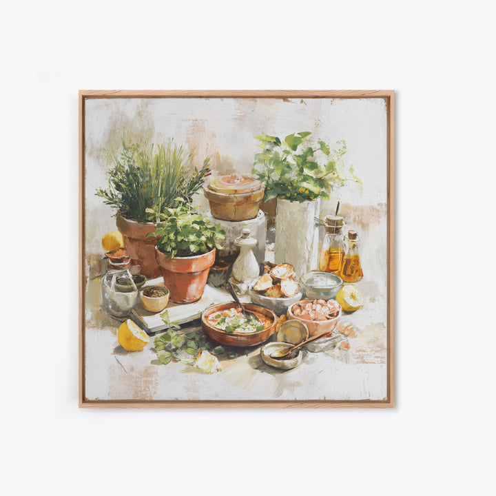 Fresh Herbs in Terracotta Pots Framed Canvas Print, Kitchen Art, Art Print, Kitchen Decor, Watercolor Art, Kitchen, Art Prints, KIT-1x1-73