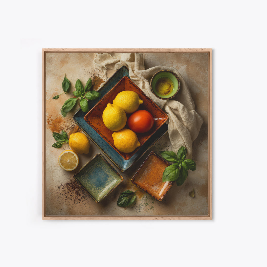 Lemons and Blue Ceramic Bowl Still Life Framed Canvas Print, Kitchen Art, Bar Cart Decor, Kitchen Decor, Fine Art, Kitchen, KIT-1x1-74