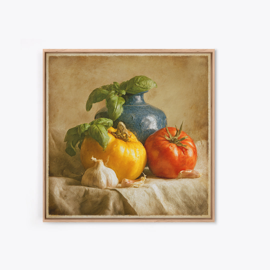 Tomatoes Garlic and Basil on Linen Canvas Print, Kitchen Art, Modern Decor, Kitchen Decor, Abstract Art, Kitchen, Home Decor, KIT-1x1-75
