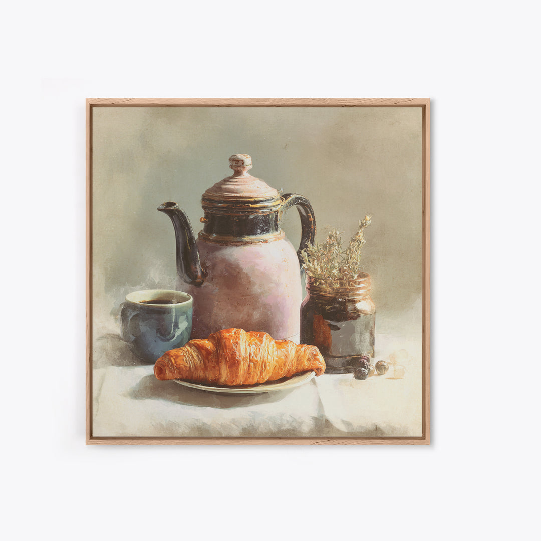 Coffee Pot and Croissant Morning Still Life Framed Canvas Print, Kitchen Art, Fine Art Print, Kitchen Decor, Oil Painting, KIT-1x1-79