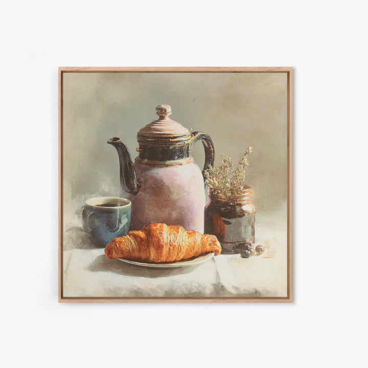 Coffee Pot and Croissant Morning Still Life Framed Canvas Print, Kitchen Art, Fine Art Print, Kitchen Decor, Oil Painting, KIT-1x1-79