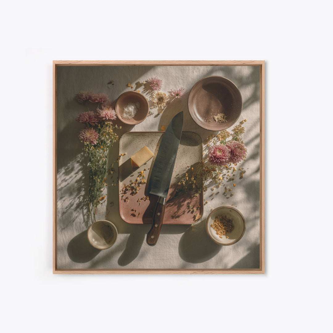 Chef Knives and Herbs Arranged as Graphic Canvas Print, Kitchen Art, Neutral Decor, Kitchen Decor, Oil Painting, Kitchen, KIT-1x1-82