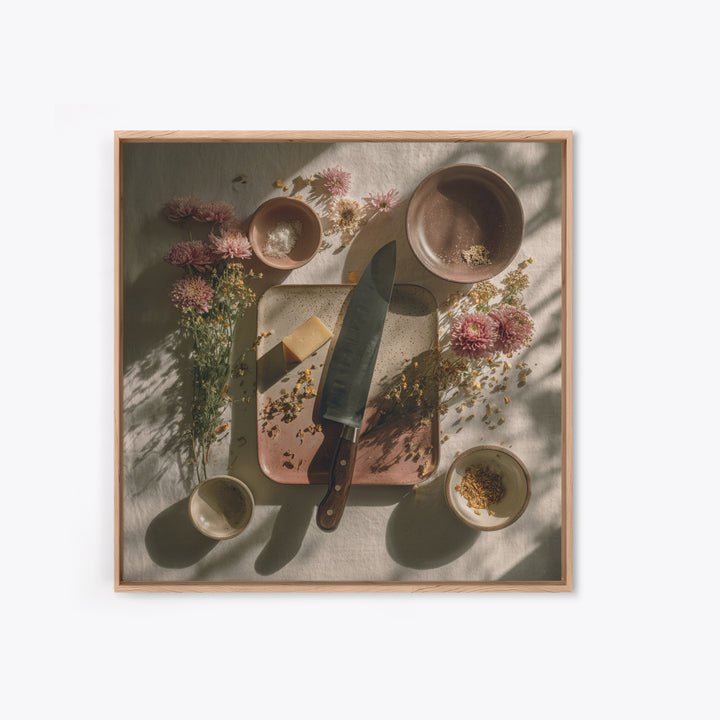 Chef Knives and Herbs Arranged as Graphic Canvas Print, Kitchen Art, Neutral Decor, Kitchen Decor, Oil Painting, Kitchen, KIT-1x1-82