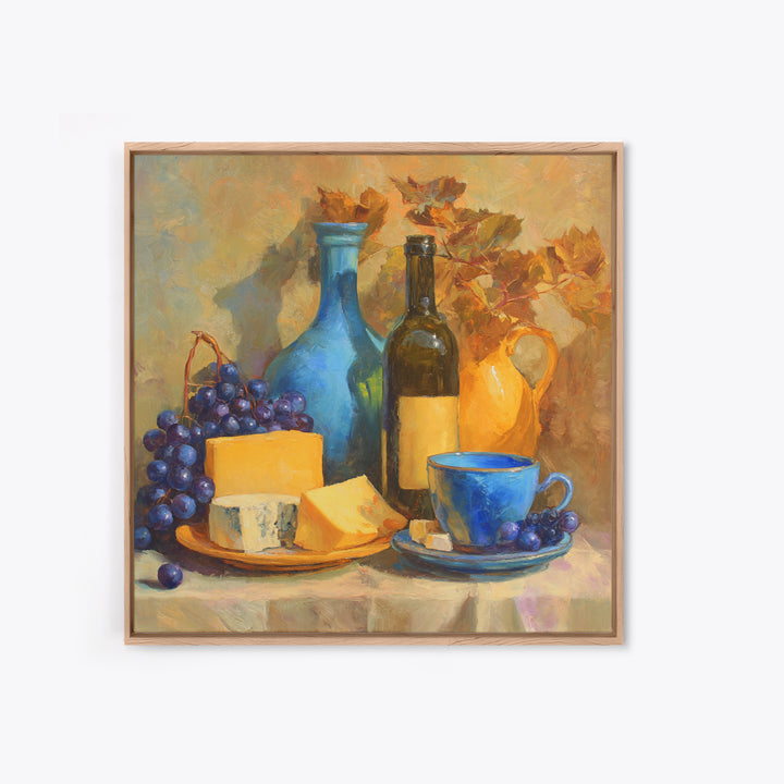 Wine Bottle Grapes and Cheese Still Life Framed Canvas Print, Kitchen Art, Kitchen Print, Kitchen Decor, Abstract Art, Kitchen, KIT-1x1-84