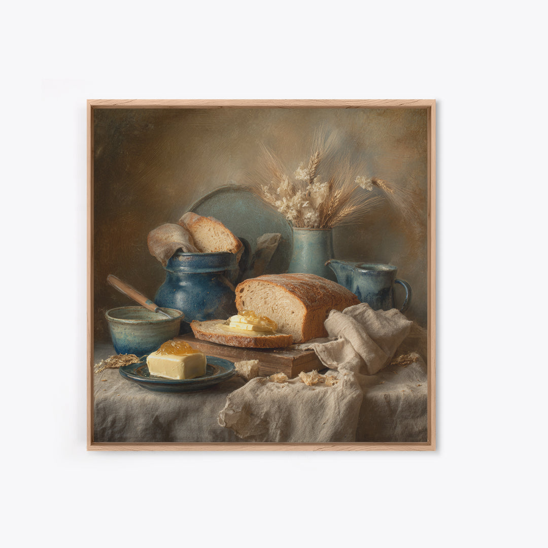 Fresh Bread with Butter and Honey Canvas Print, Kitchen Art, Coffee Print, Kitchen Decor, Fine Art, Kitchen, Textured Painting, KIT-1x1-90