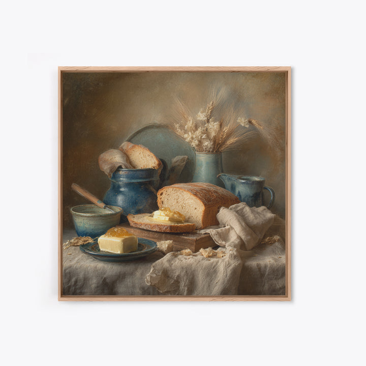 Fresh Bread with Butter and Honey Canvas Print, Kitchen Art, Coffee Print, Kitchen Decor, Fine Art, Kitchen, Textured Painting, KIT-1x1-90