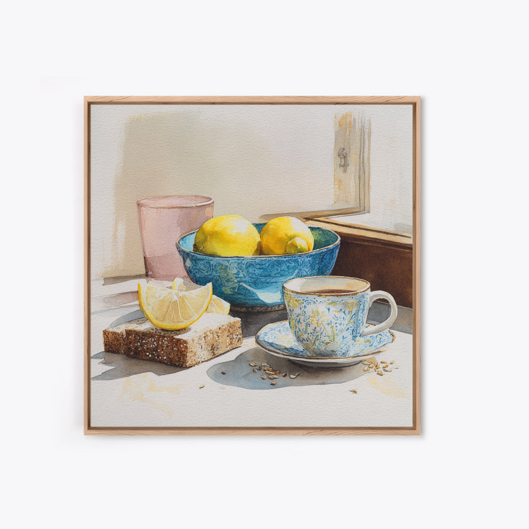 Lemons and Blue Ceramic Bowl Still Life Canvas Print, Kitchen Art, Boho Decor, Kitchen Decor, Fine Art, Kitchen, Wall Decor, KIT-1x1-98