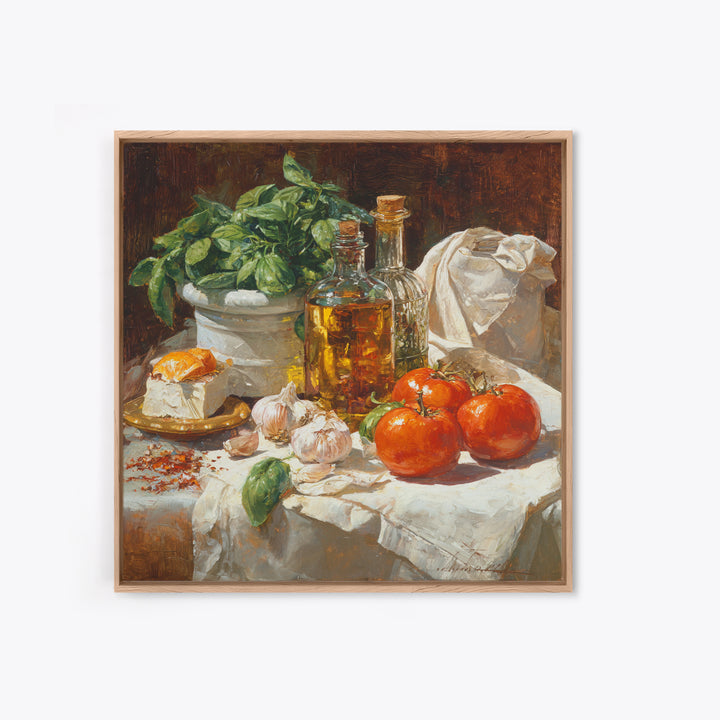Tomatoes Garlic and Basil on Linen Canvas Print, Kitchen Art, Wall Art, Kitchen Decor, Fine Art, Kitchen, Kitchen Wall Art, KIT-1x1-99