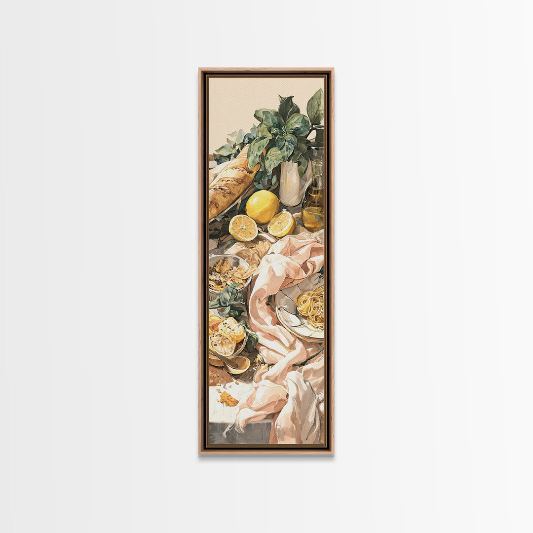 Pasta Lemons and Basil Mediterranean Still Life Framed Canvas Print, Kitchen Art, Modern Decor, Kitchen Decor, Kitchen, KIT-1x3-29
