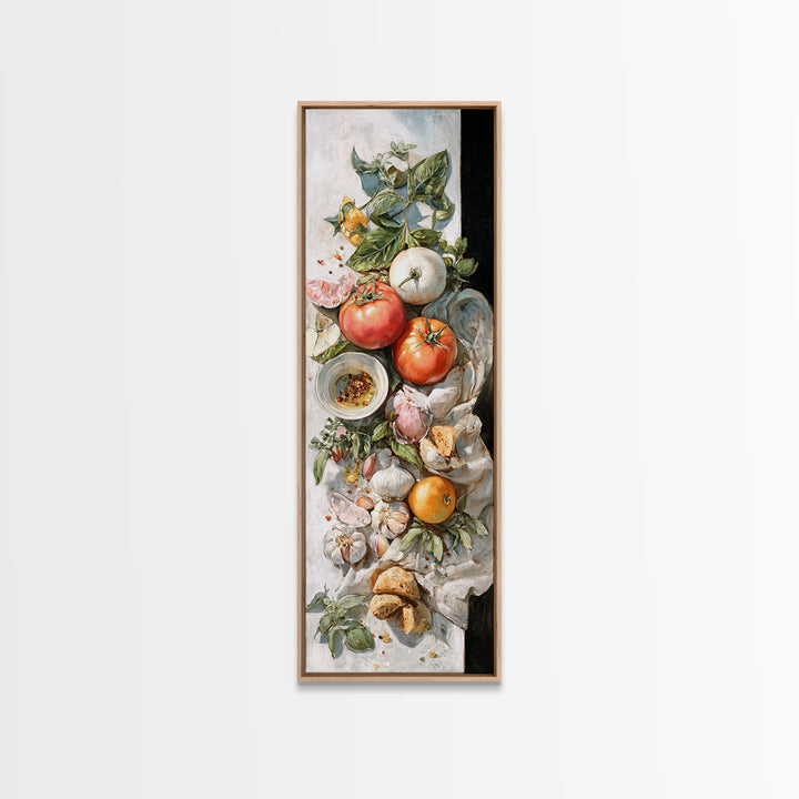 Tomatoes Garlic and Basil on Linen Canvas Print, Kitchen Art, Art Prints, Kitchen Decor, Fine Art, Kitchen, Modern Art, KIT-1x3-39
