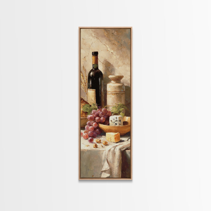 Wine Bottle Grapes and Cheese Still Life Canvas Print, Kitchen Art, Wall Art, Kitchen Decor, Watercolor Art, Kitchen, KIT-1x3-48