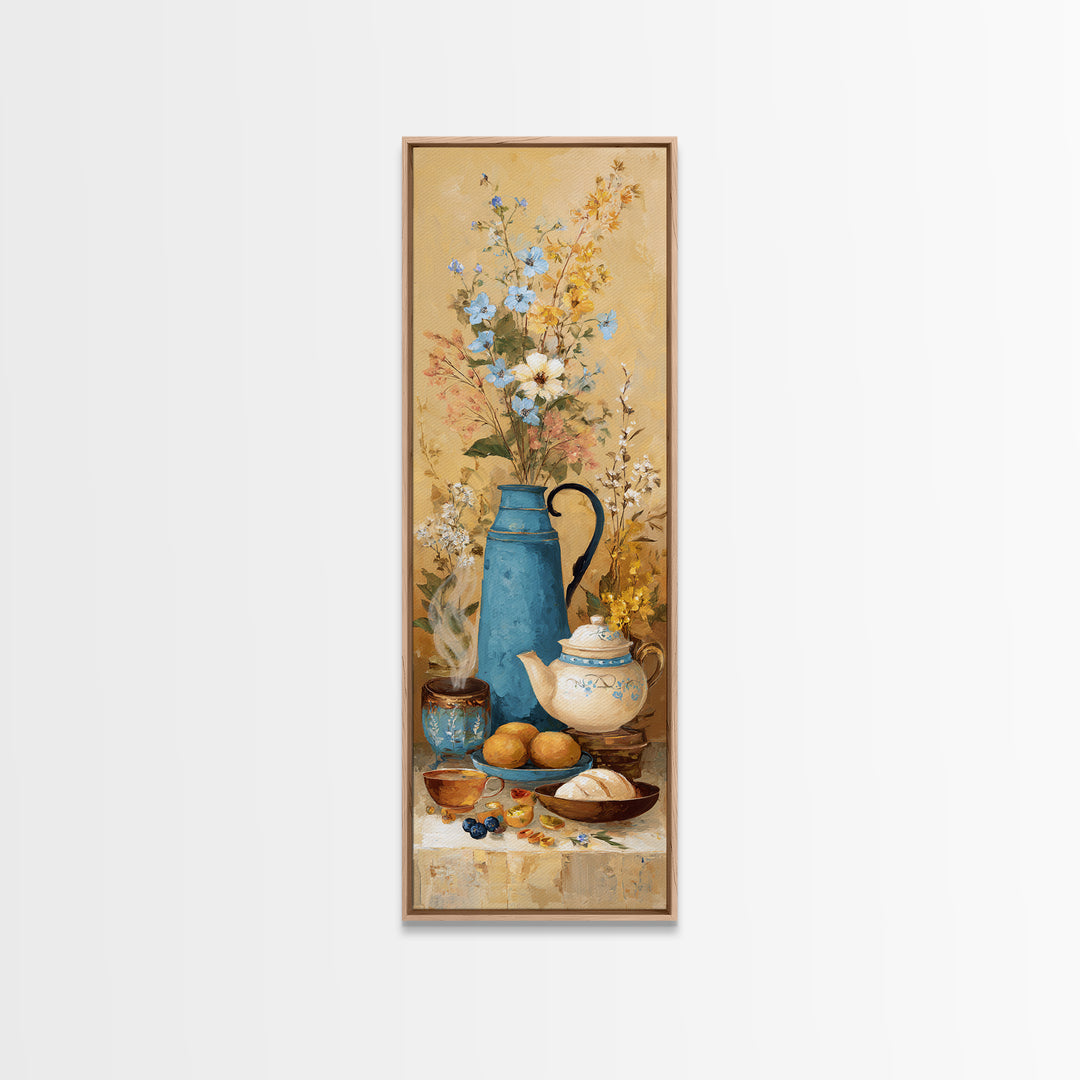 Tea Kettle with Steam and Wildflowers Framed Canvas Print, Kitchen Art, Kitchen Art Print, Kitchen Decor, Watercolor Art, KIT-1x3-50