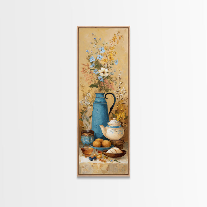 Tea Kettle with Steam and Wildflowers Framed Canvas Print, Kitchen Art, Kitchen Art Print, Kitchen Decor, Watercolor Art, KIT-1x3-50