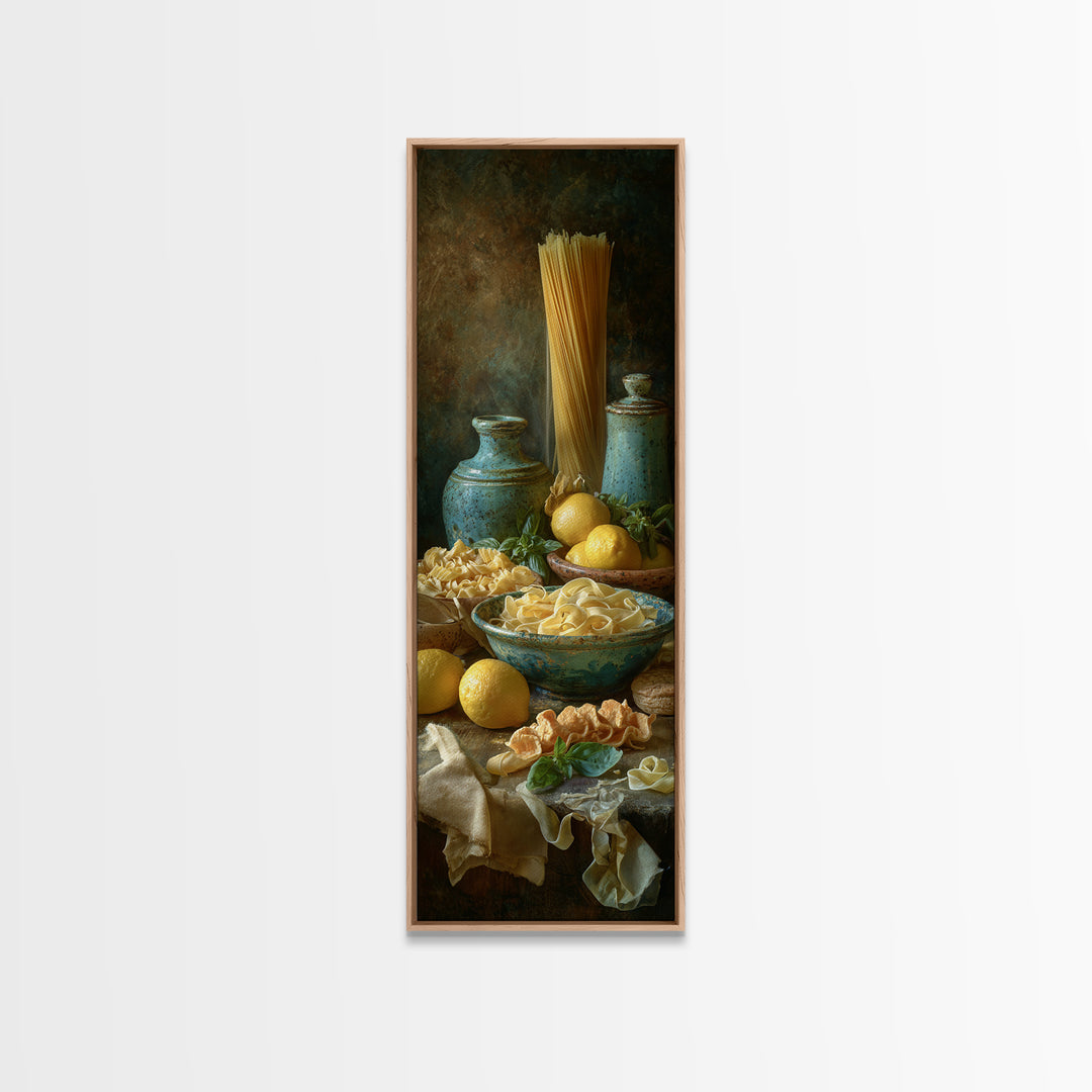 Pasta Lemons and Basil Mediterranean Still Life Framed Canvas Print, Kitchen Art, Modern Decor, Kitchen Decor, Kitchen, KIT-1x3-53