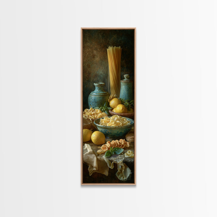 Pasta Lemons and Basil Mediterranean Still Life Framed Canvas Print, Kitchen Art, Modern Decor, Kitchen Decor, Kitchen, KIT-1x3-53