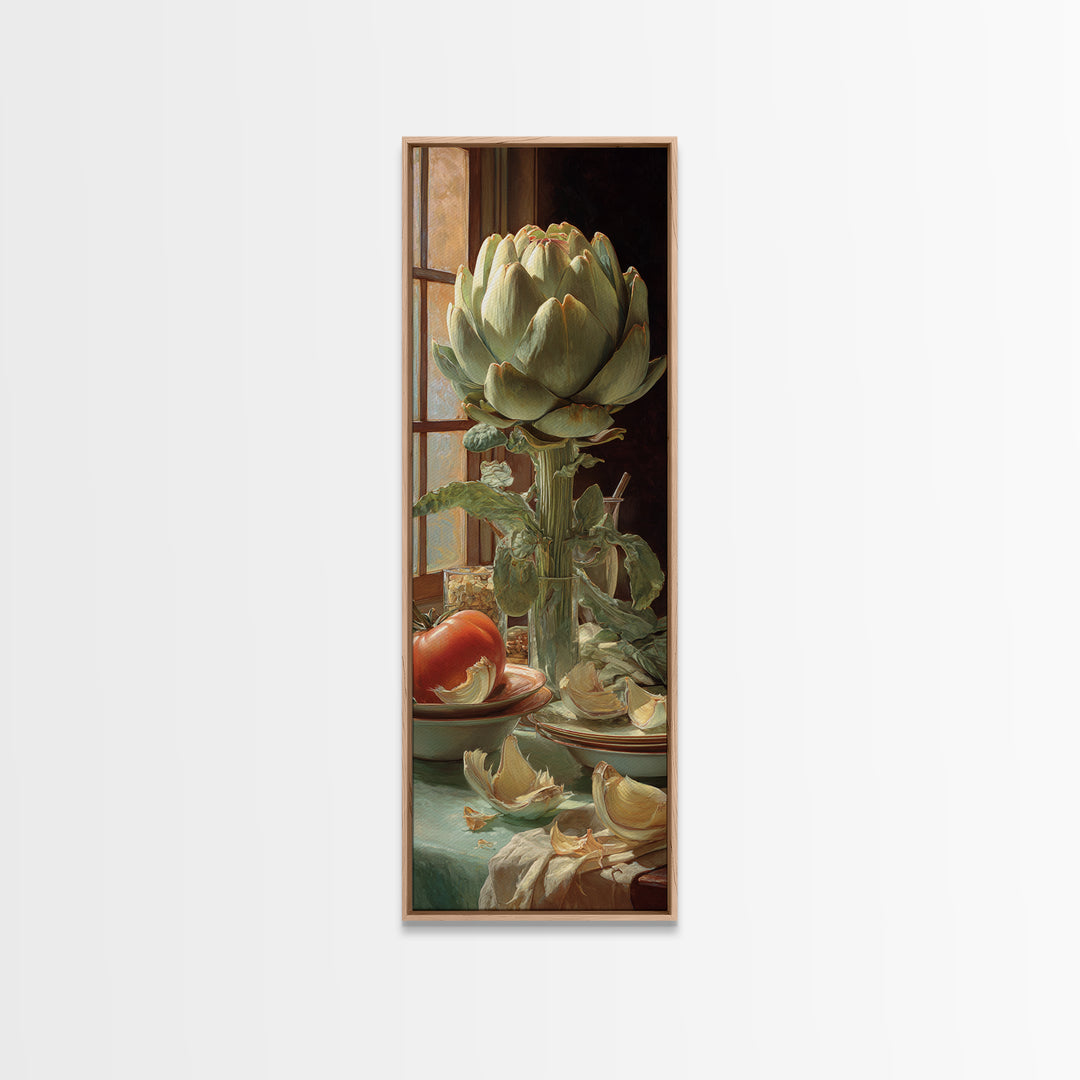 Artichoke Closeup in Painterly Green Tones Framed Canvas Print, Kitchen Art, Statement Artwork, Kitchen Decor, Kitchen, KIT-1x3-8
