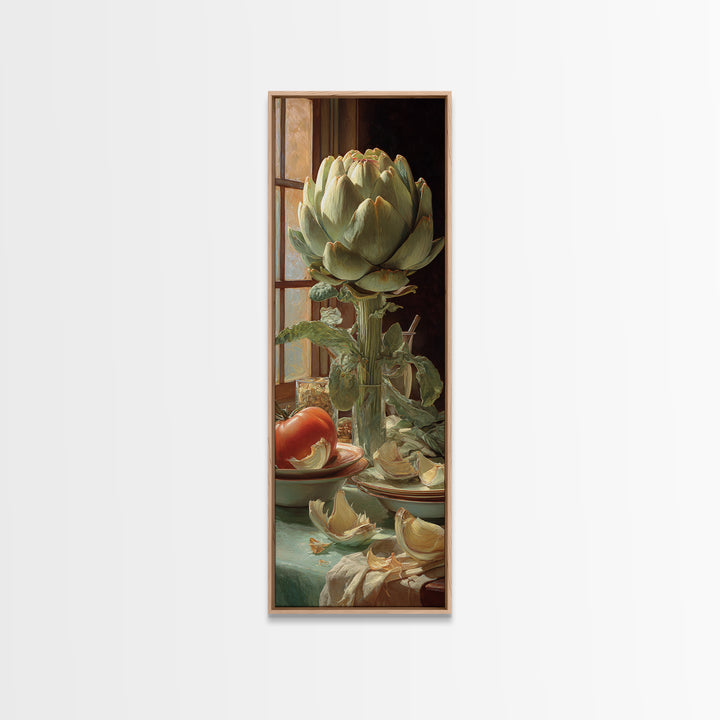 Artichoke Closeup in Painterly Green Tones Framed Canvas Print, Kitchen Art, Statement Artwork, Kitchen Decor, Kitchen, KIT-1x3-8