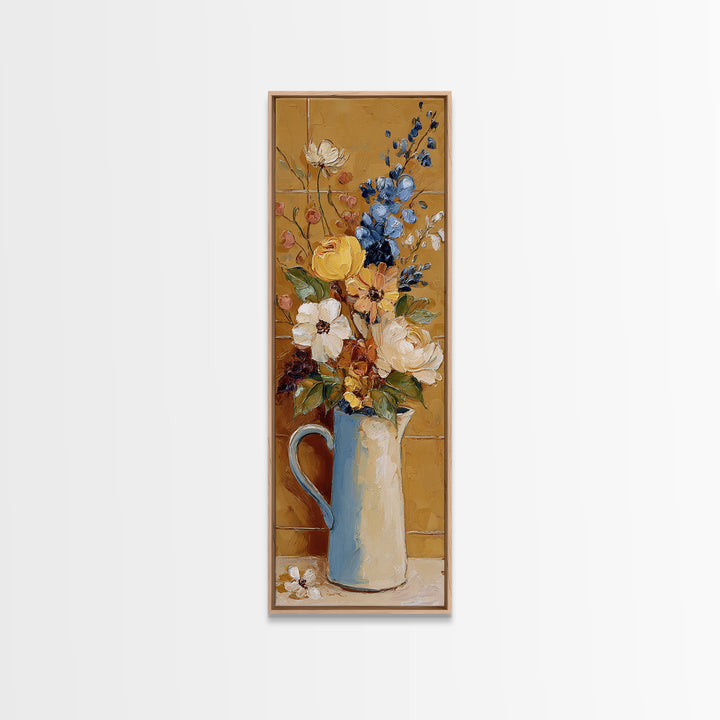 Floral Bouquet in a Kitchen Pitcher Framed Canvas Print, Kitchen Art, Printable Wall Art, Kitchen Decor, Oil Painting, Kitchen, KIT-1x3-84