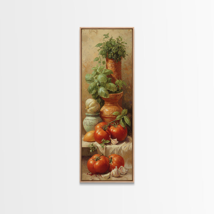 Tomatoes Garlic and Basil on Linen Framed Canvas Print, Kitchen Art, Trendy Wall Art, Kitchen Decor, Abstract Art, Kitchen, KIT-1x3-87