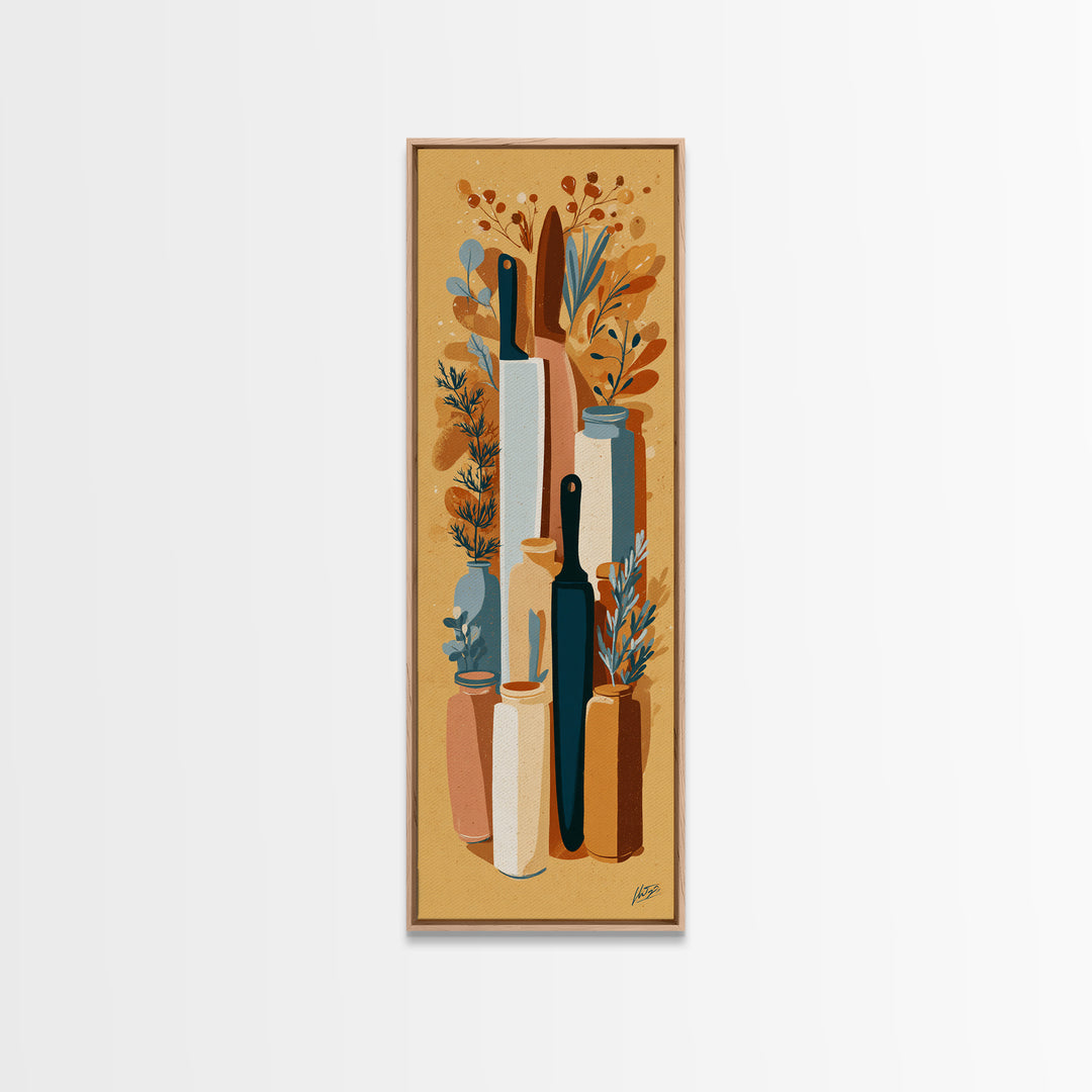 Chef Knives and Herbs Arranged as Graphic Canvas Print, Kitchen Art, Fine Art Print, Kitchen Decor, Fine Art, Kitchen, KIT-1x3-94