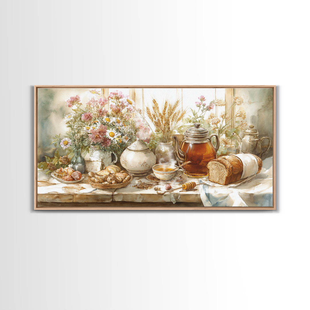 Tea Kettle with Steam and Wildflowers Framed Canvas Print, Kitchen Art, Art Print, Kitchen Decor, Watercolor Art, Kitchen, KIT-2x1-10