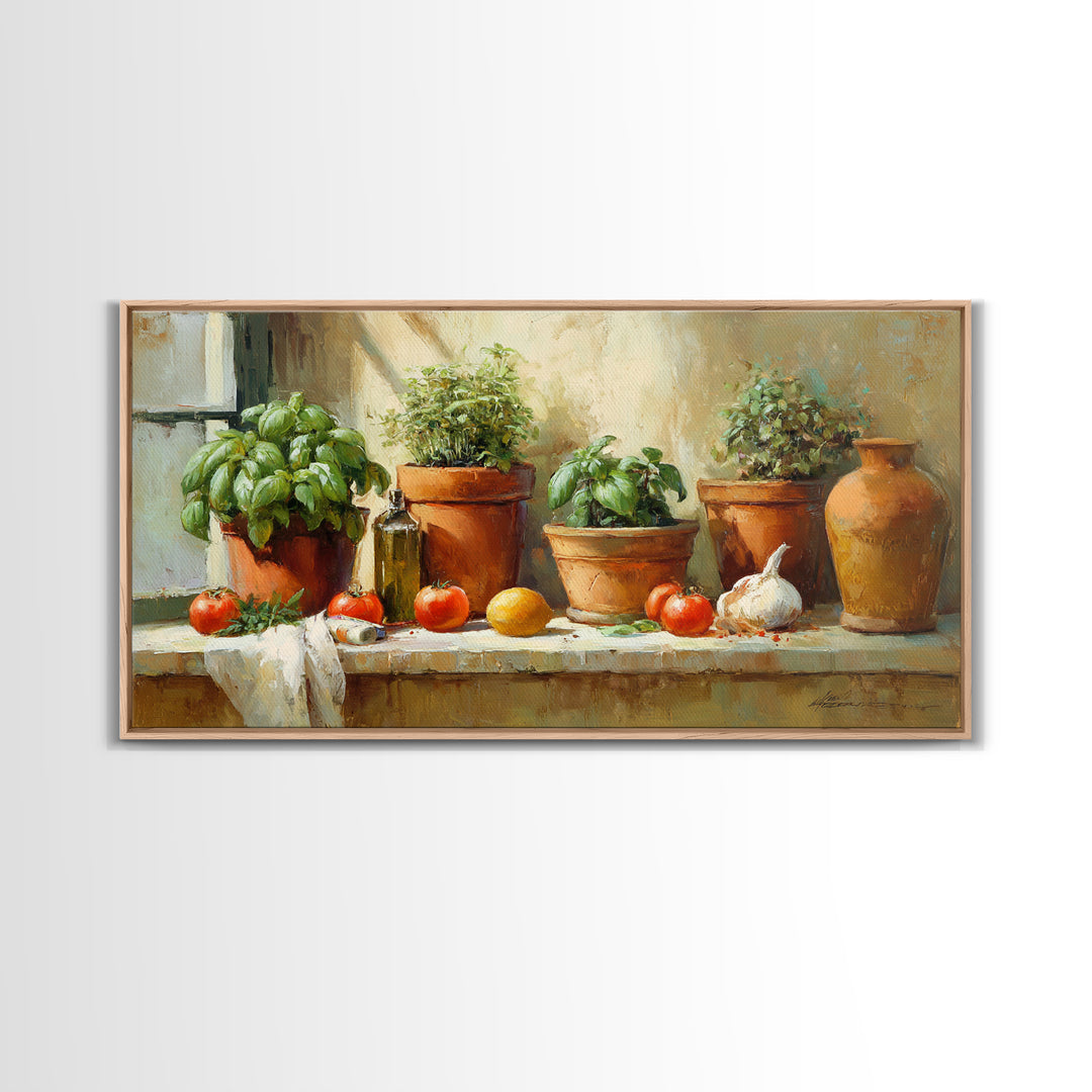 Fresh Herbs in Terracotta Pots Canvas Print, Kitchen Art, Wall Art, Kitchen Decor, Oil Painting, Kitchen, Kitchen Wall Art, KIT-2x1-21