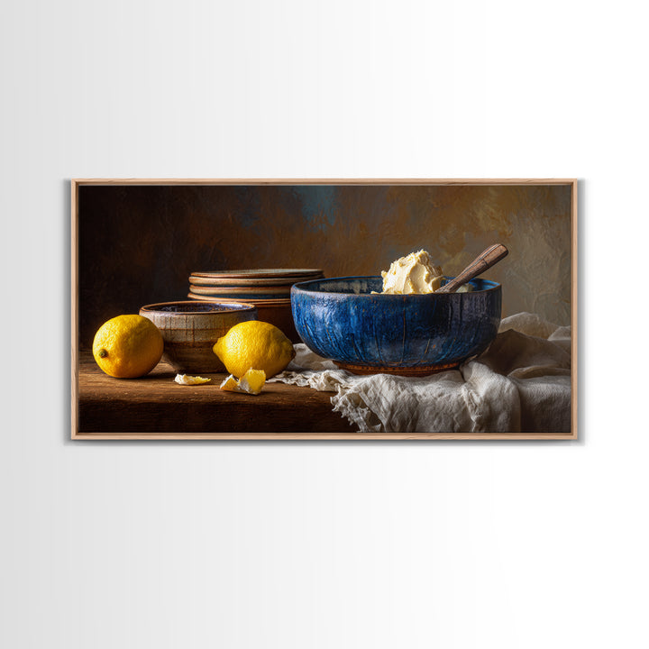 Lemons and Blue Ceramic Bowl Still Life Canvas Print, Kitchen Art, Boho Decor, Kitchen Decor, Fine Art, Kitchen, Wall Decor, KIT-2x1-22