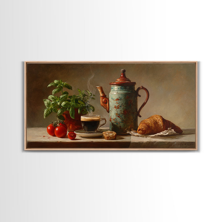 Coffee Pot and Croissant Morning Still Life Framed Canvas Print, Kitchen Art, Fine Art Print, Kitchen Decor, Oil Painting, KIT-2x1-27