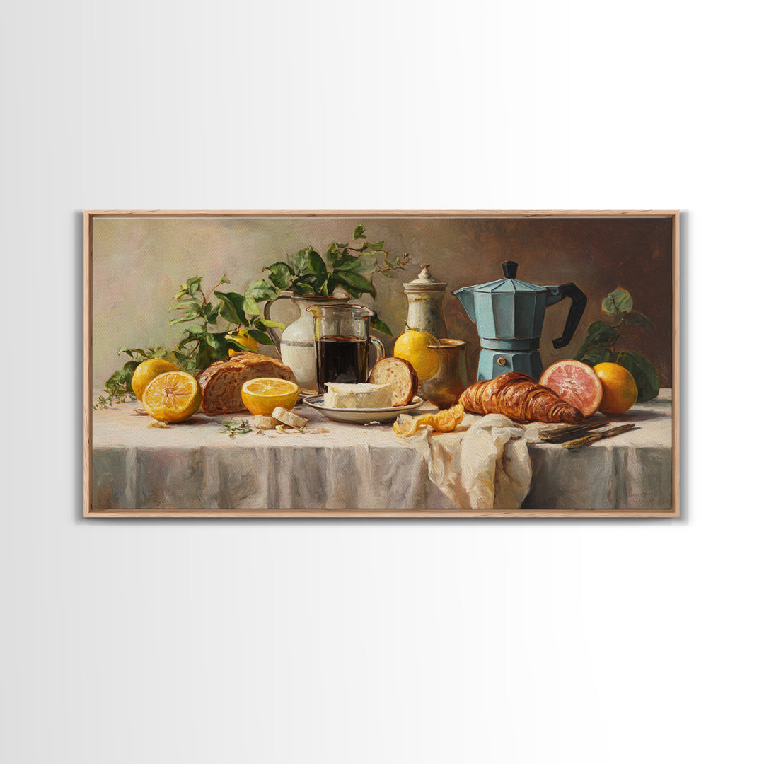 Coffee Pot and Croissant Morning Still Life Framed Canvas Print, Kitchen Art, Art Deco, Kitchen Decor, Fine Art, Kitchen, KIT-2x1-3