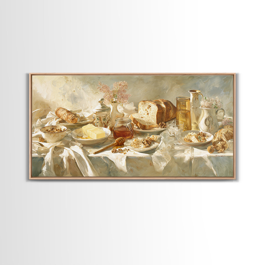 Fresh Bread with Butter and Honey Framed Canvas Print, Kitchen Art, Fine Art Print, Kitchen Decor, Watercolor Art, Kitchen, KIT-2x1-38