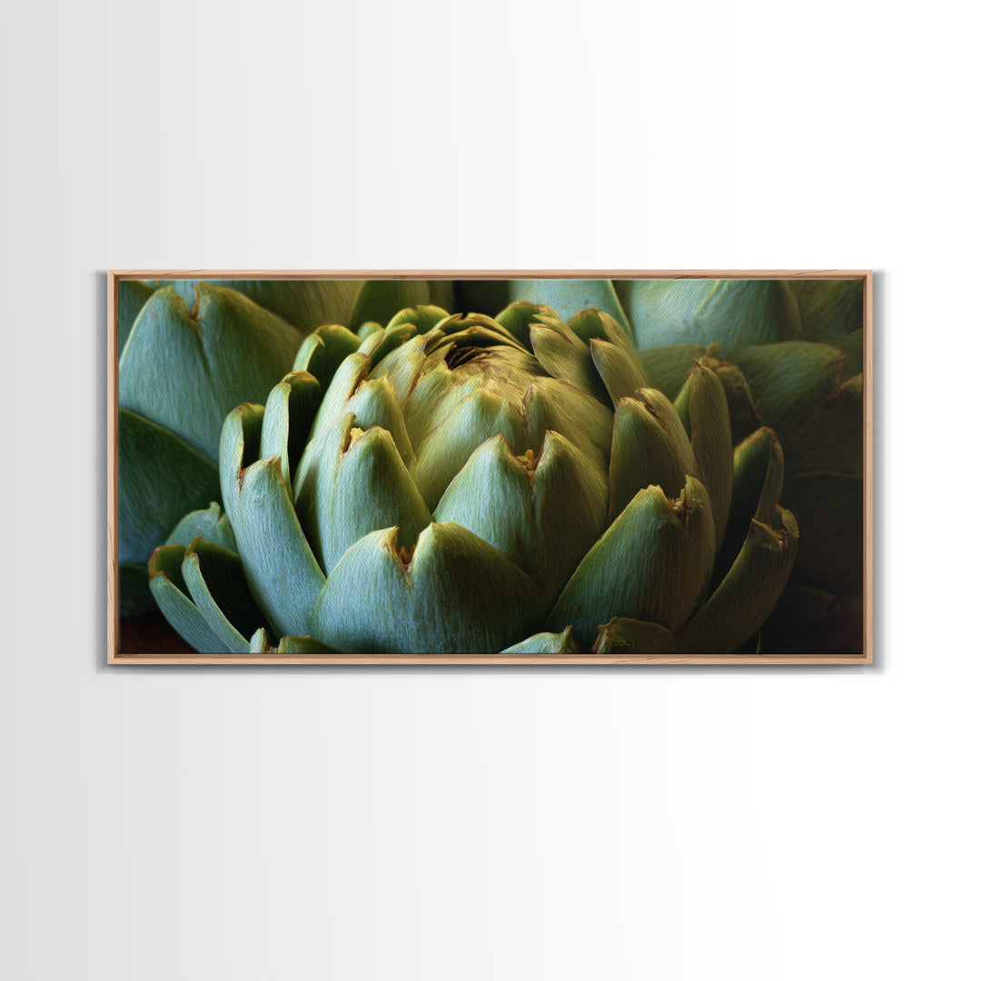 Artichoke Closeup in Painterly Green Tones Framed Canvas Print, Kitchen Art, Home Decor, Kitchen Decor, Fine Art, Kitchen, KIT-2x1-40