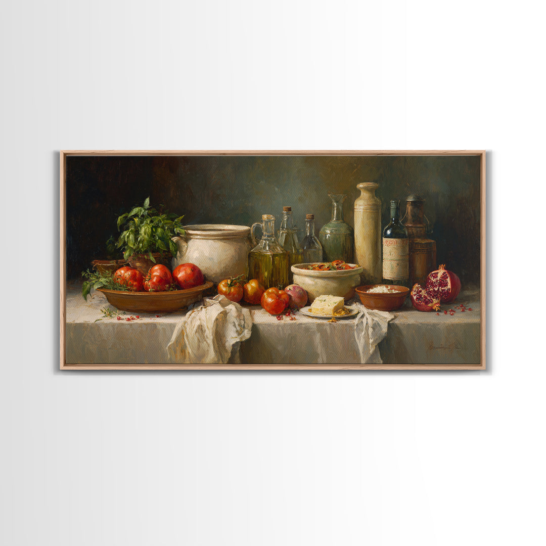 Figs Pomegranates and Linen Composition Framed Canvas Print, Kitchen Art, Statement Artwork, Kitchen Decor, Abstract Art, KIT-2x1-42