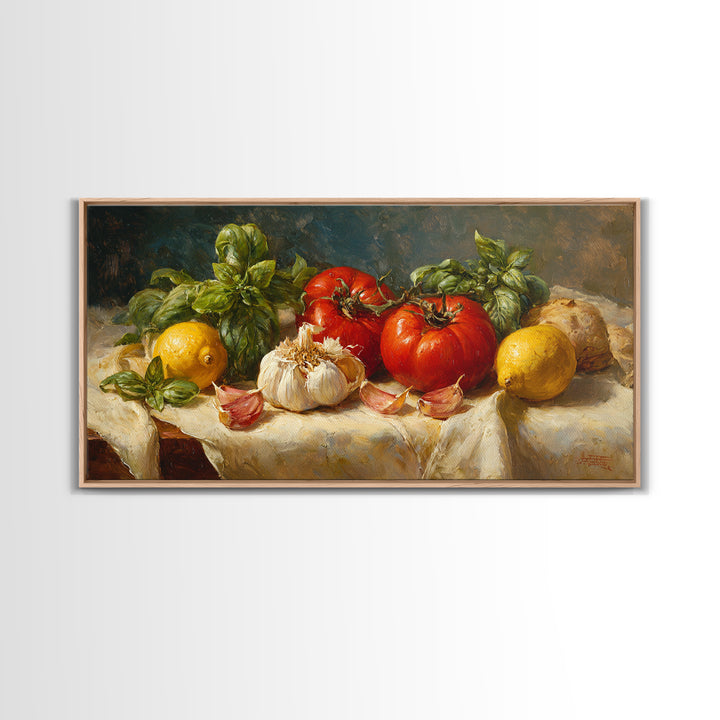 Tomatoes Garlic and Basil on Linen Canvas Print, Kitchen Art, Kitchen Decor, Abstract Art, Kitchen, Trendy Wall Art, KIT-2x1-47