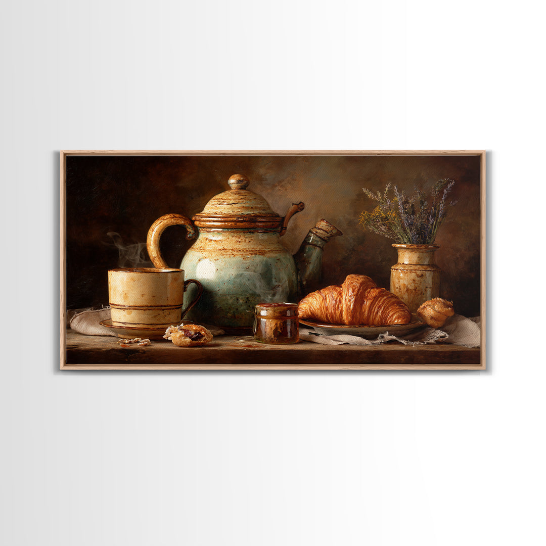Coffee Pot and Croissant Morning Still Life Framed Canvas Print, Kitchen Art, Boho Decor, Kitchen Decor, Fine Art, Kitchen, KIT-2x1-75