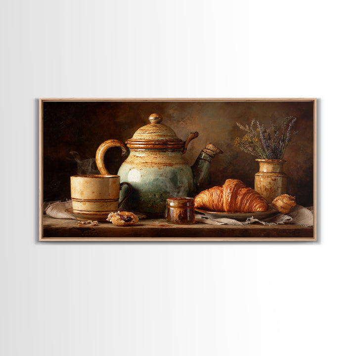 Coffee Pot and Croissant Morning Still Life Framed Canvas Print, Kitchen Art, Boho Decor, Kitchen Decor, Fine Art, Kitchen, KIT-2x1-75